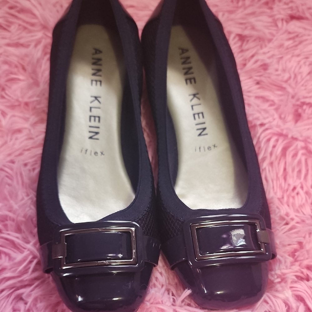 Anne Klein Navy Blue Patent Flats with Silver Buckle